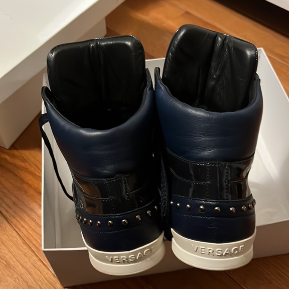 Versace Blue Patent Leather Medusa Studded High Top Sneakers Size 44 - Picture 3 of 5